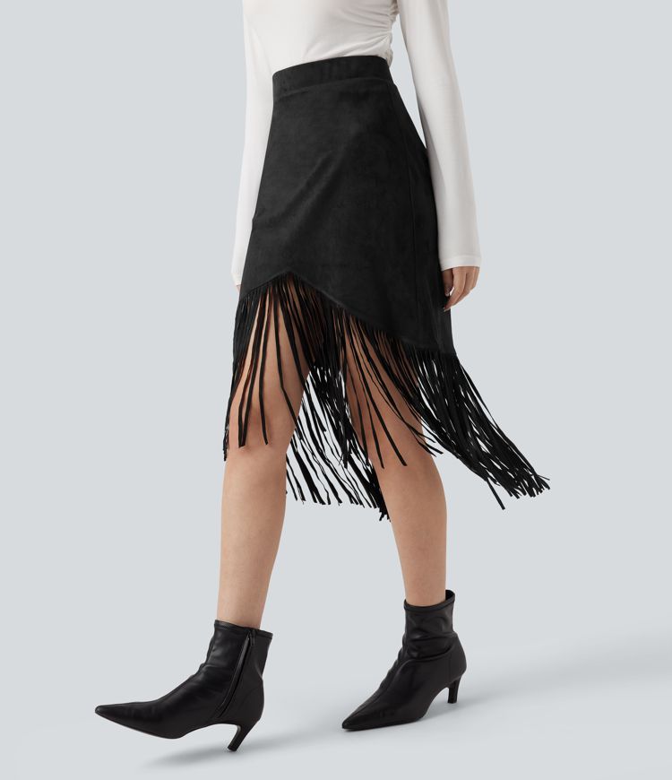 High Waisted Fringe Hem Suede Midi Party Skirt