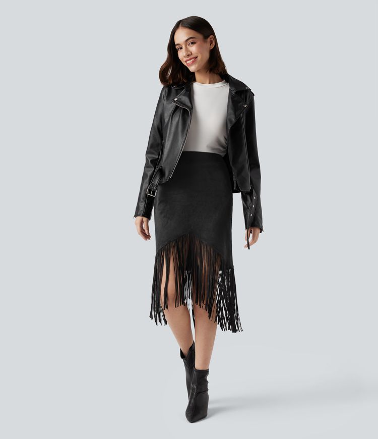High Waisted Fringe Hem Suede Midi Party Skirt