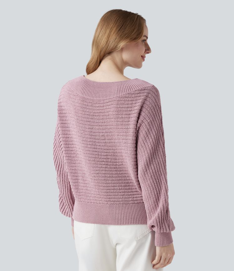 Pulover casual cu umerii descoperiți și mâneci lungi