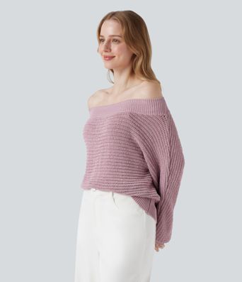 Pulover casual cu umerii descoperiți și mâneci lungi