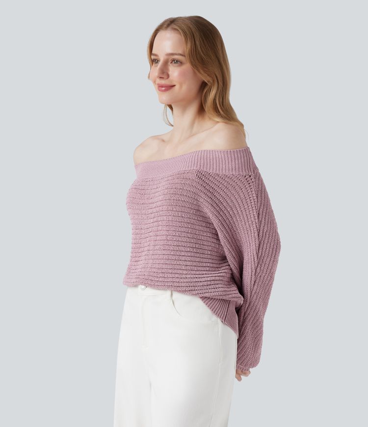 Pulover casual cu umerii descoperiți și mâneci lungi