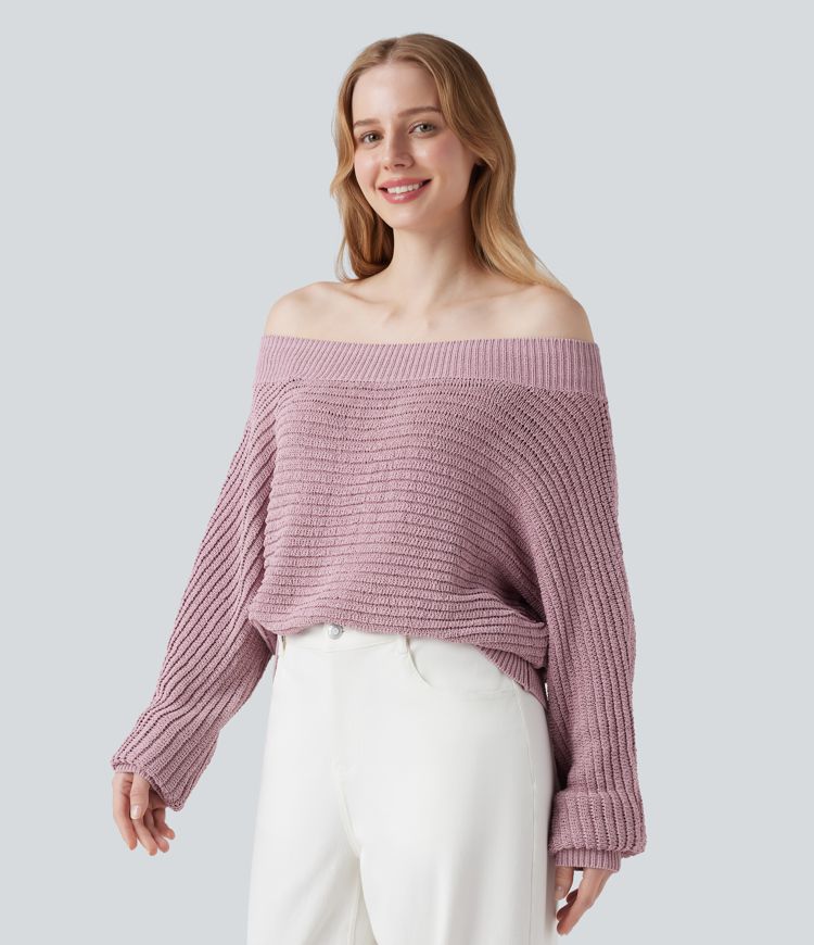 Pulover casual cu umerii descoperiți și mâneci lungi