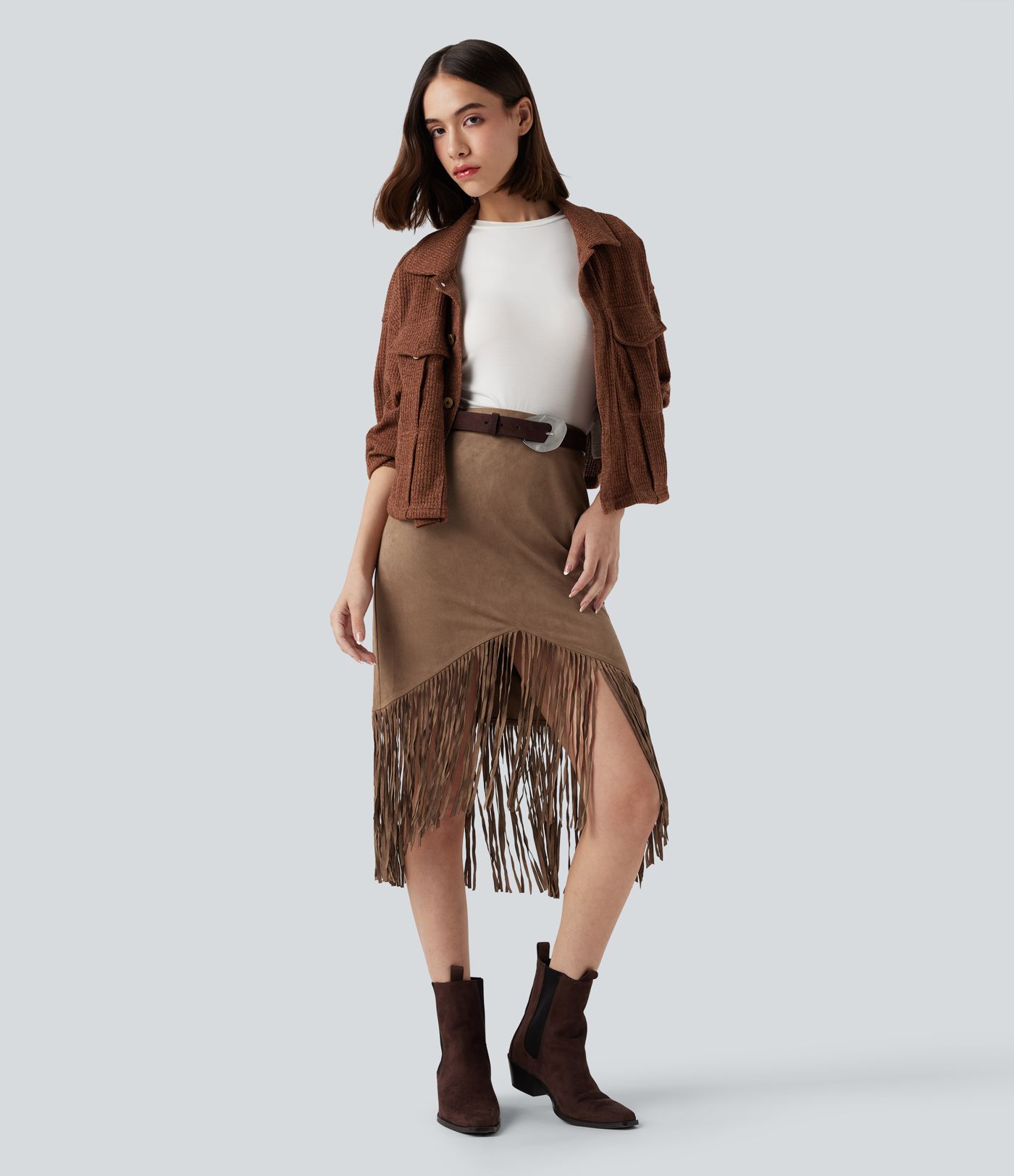 High Waisted Fringe Hem Suede Midi Party Skirt