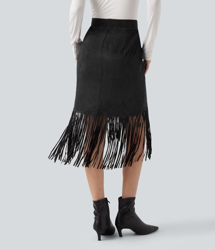 High Waisted Fringe Hem Suede Midi Party Skirt