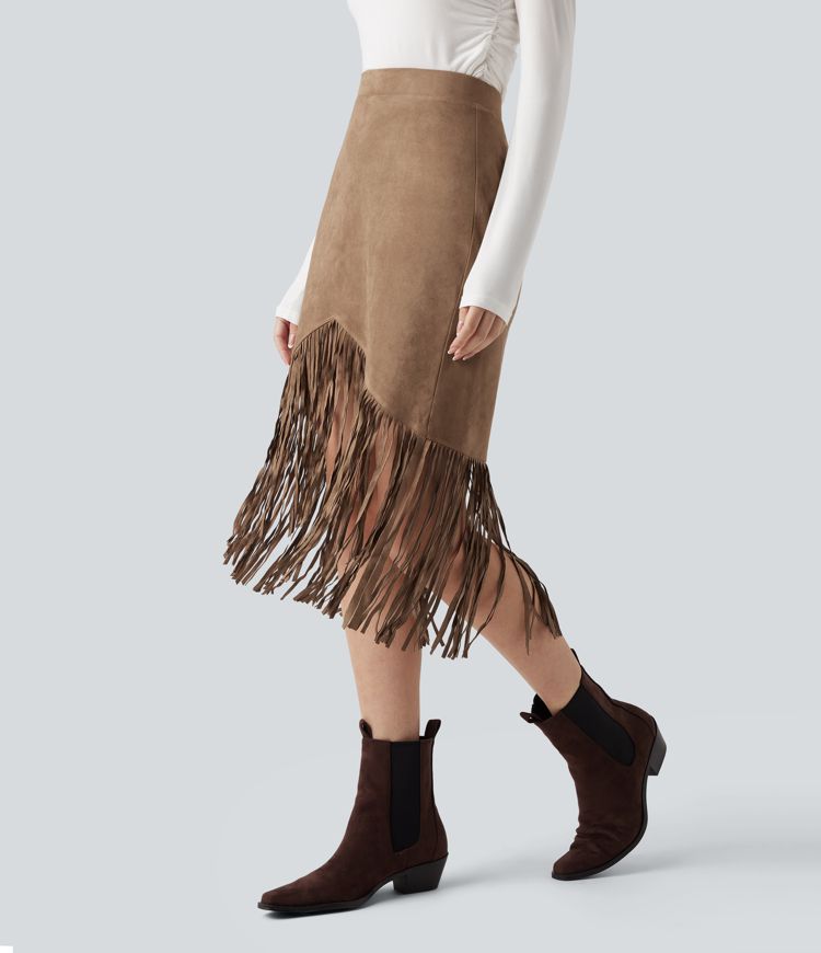 High Waisted Fringe Hem Suede Midi Party Skirt