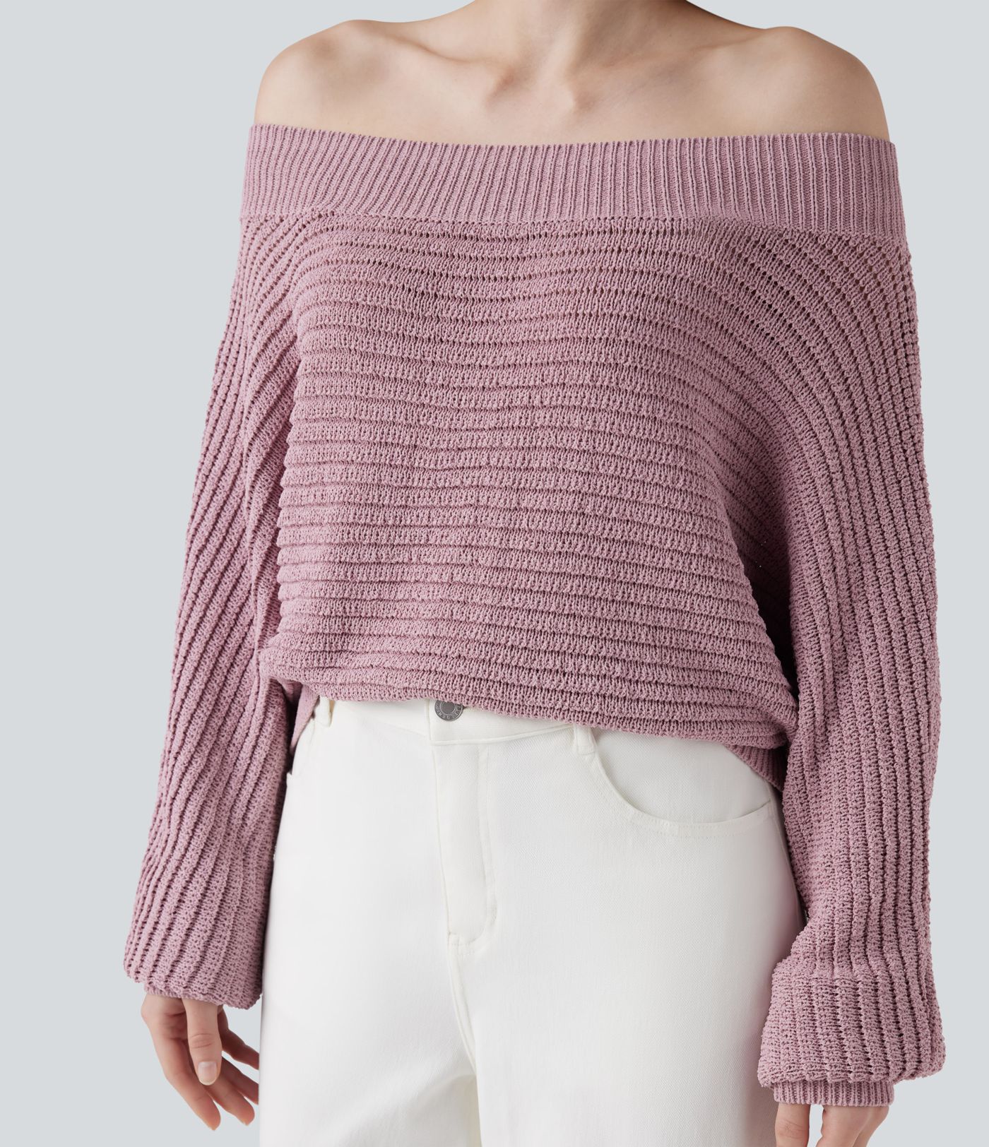 Pulover casual cu umerii descoperiți și mâneci lungi