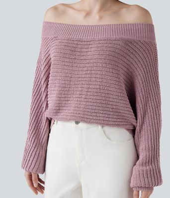 Pulover casual cu umerii descoperiți și mâneci lungi