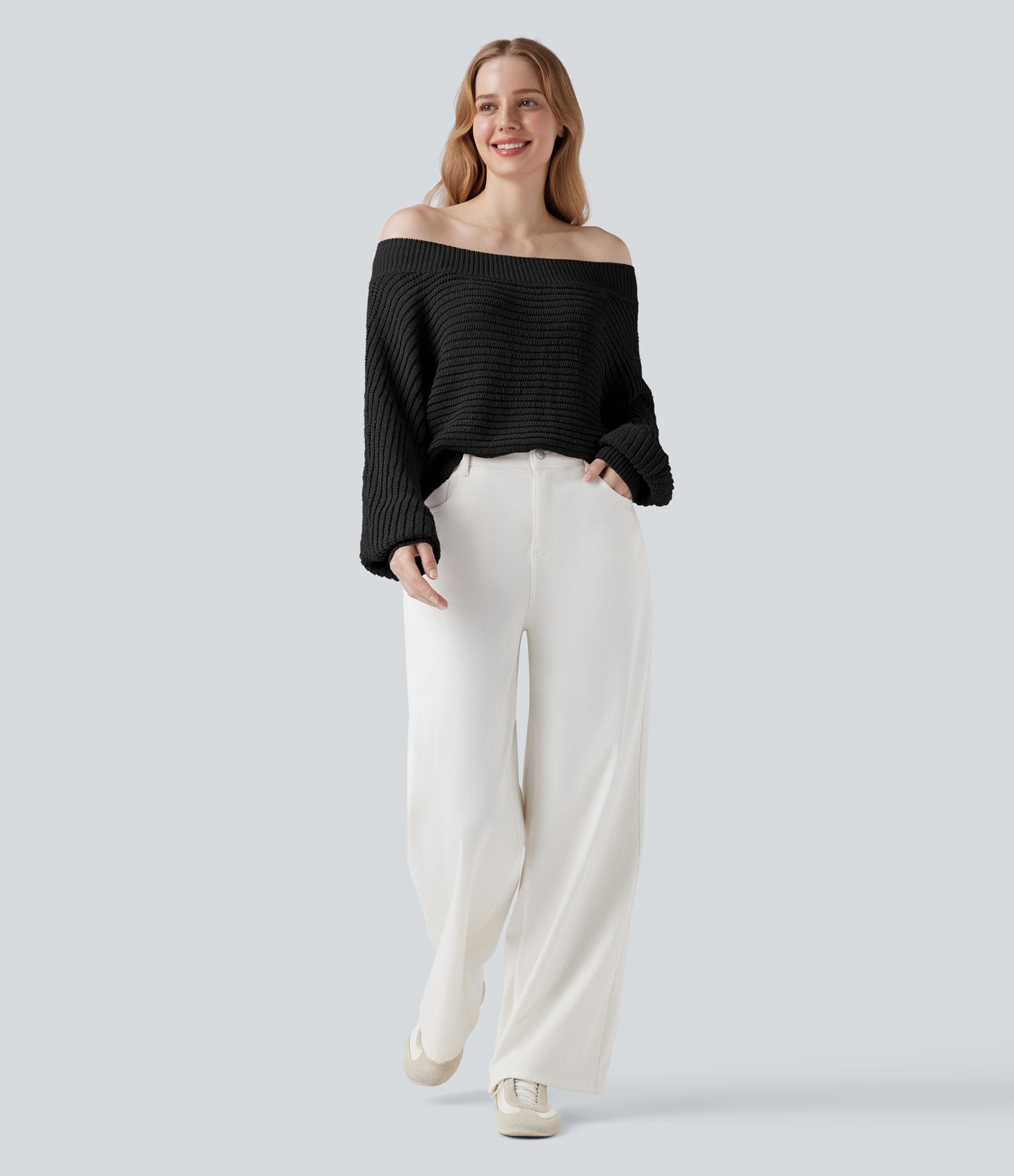 Πουλόβερ με ανοιχτούς ώμους και μακριά μανίκια, καθημερινό