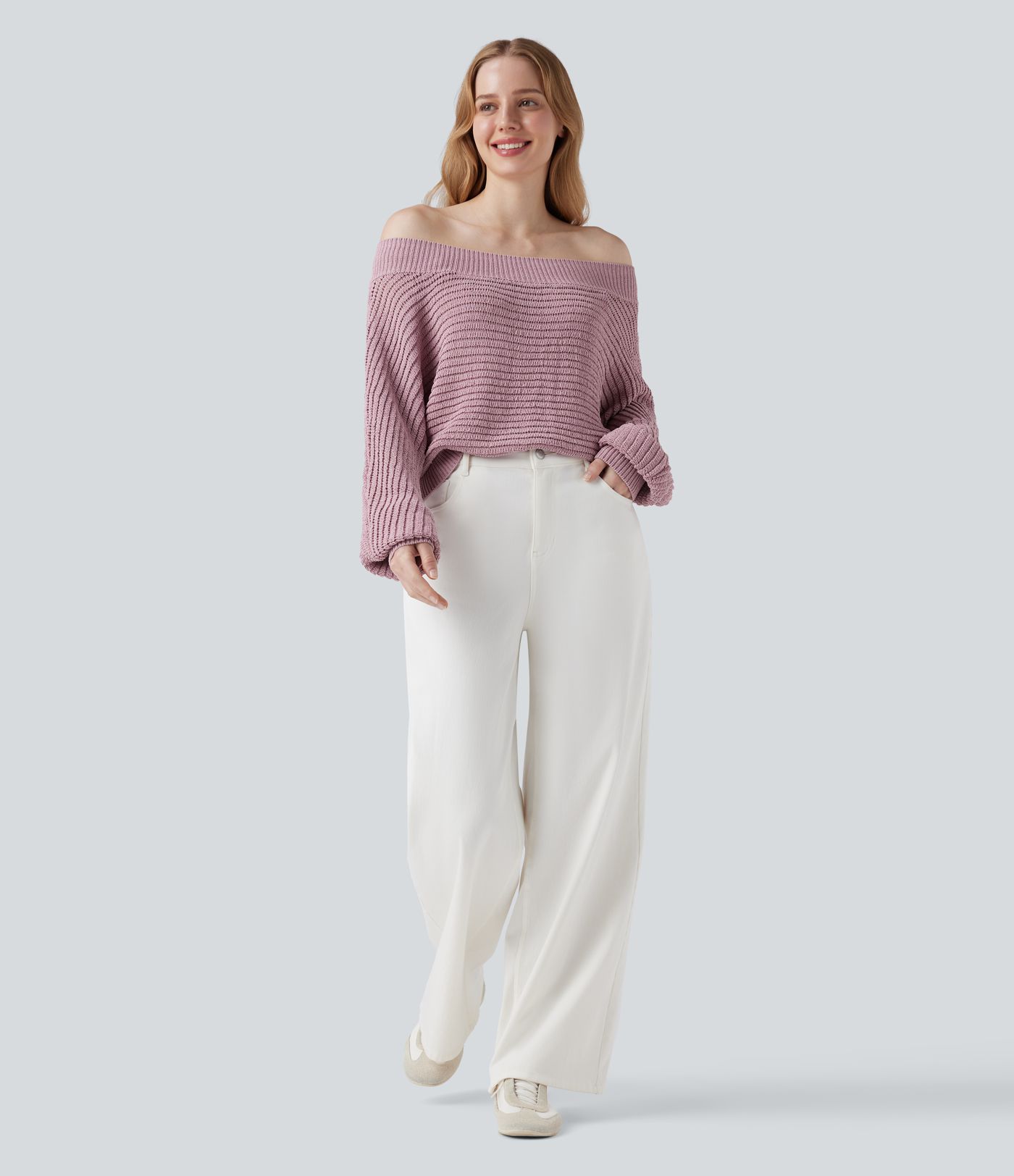 Pulover casual cu umerii descoperiți și mâneci lungi