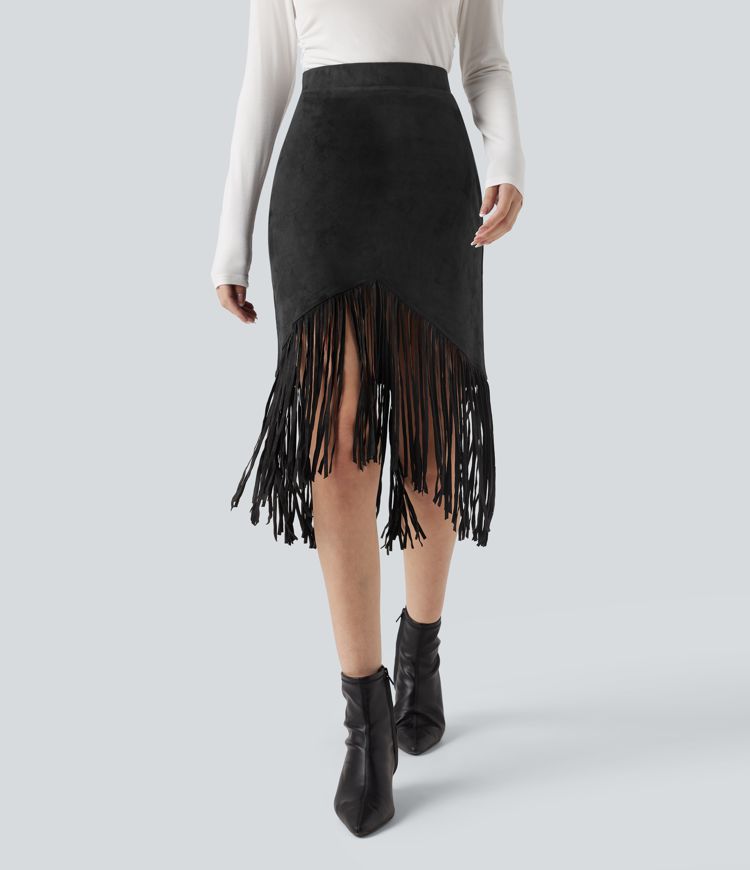 High Waisted Fringe Hem Suede Midi Party Skirt