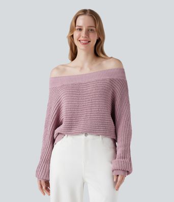 Pulover casual cu umerii descoperiți și mâneci lungi