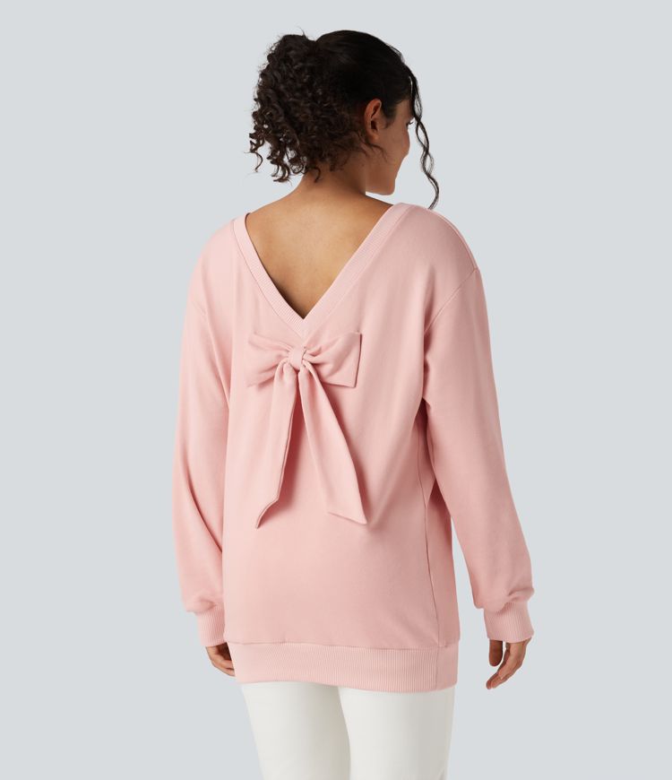 Bow Back Long Sleeve Oversized Casual Cotton Sweatshirt-Front and Back Wearable