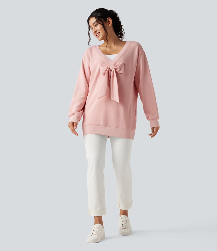 Bow Back Long Sleeve Oversized Casual Cotton Sweatshirt-Front and Back Wearable