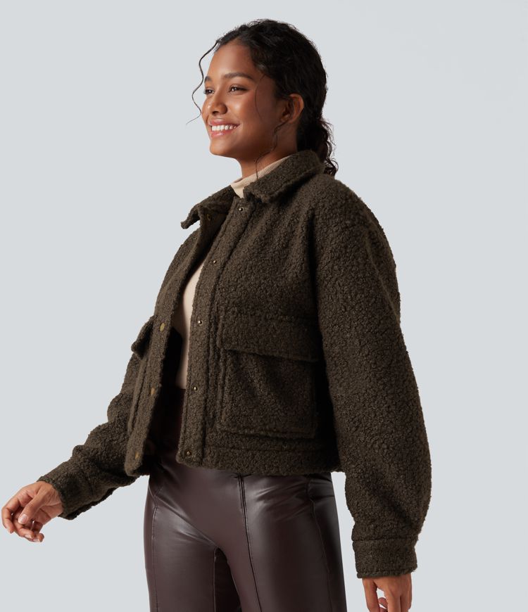Long Sleeve Casual Sherpa Jacket with Pockets