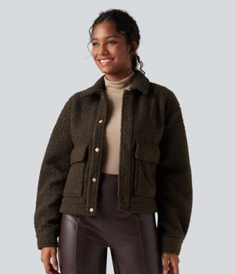 Long Sleeve Casual Sherpa Jacket with Pockets