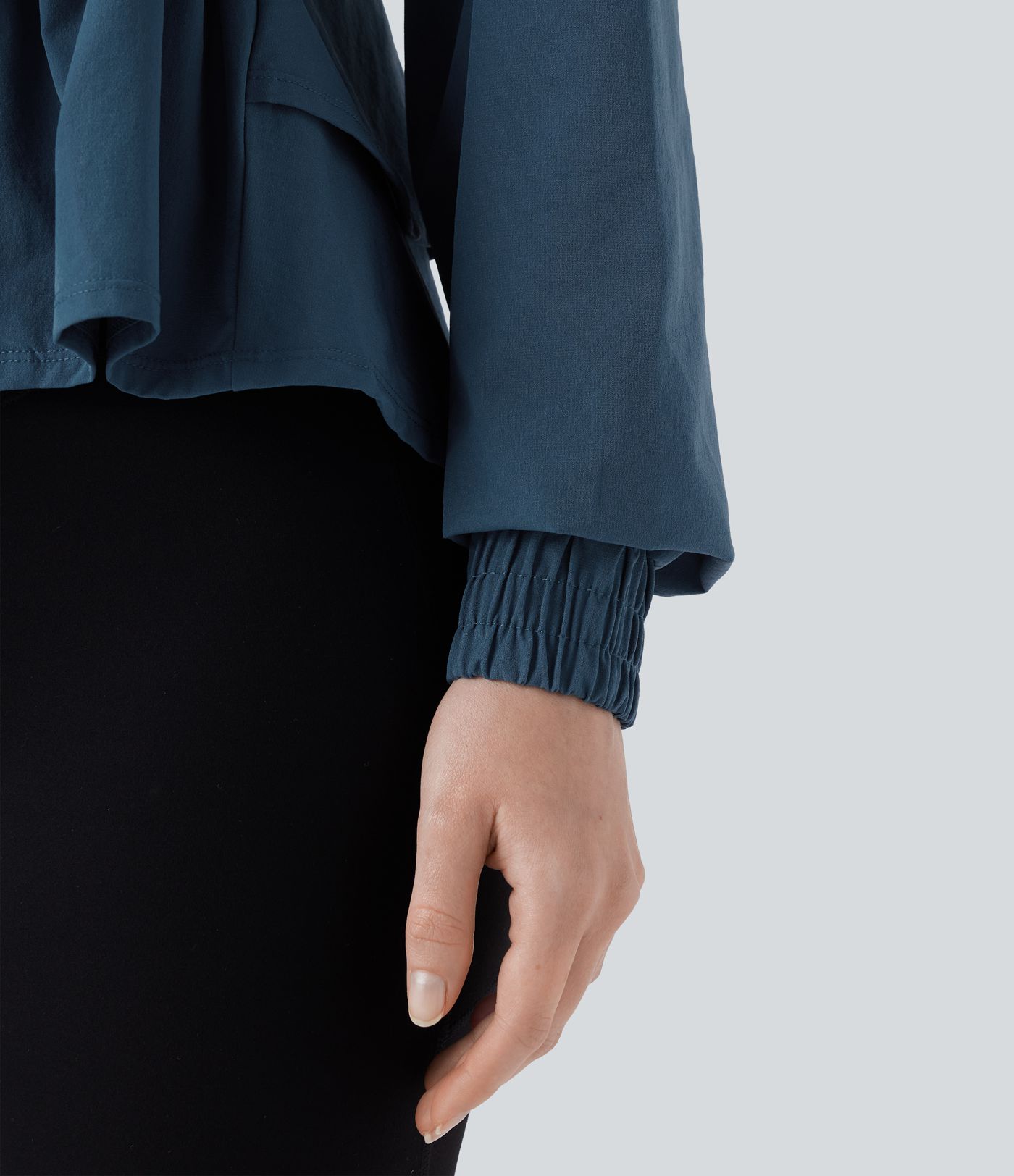 Stowable Hood Drawstring Contrast Mesh Ruffle Hem Workout Jacket with Pocket