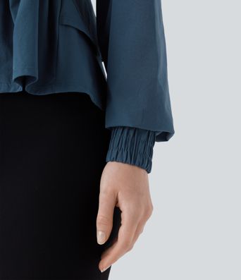 Stowable Hood Drawstring Contrast Mesh Ruffle Hem Workout Jacket with Pocket