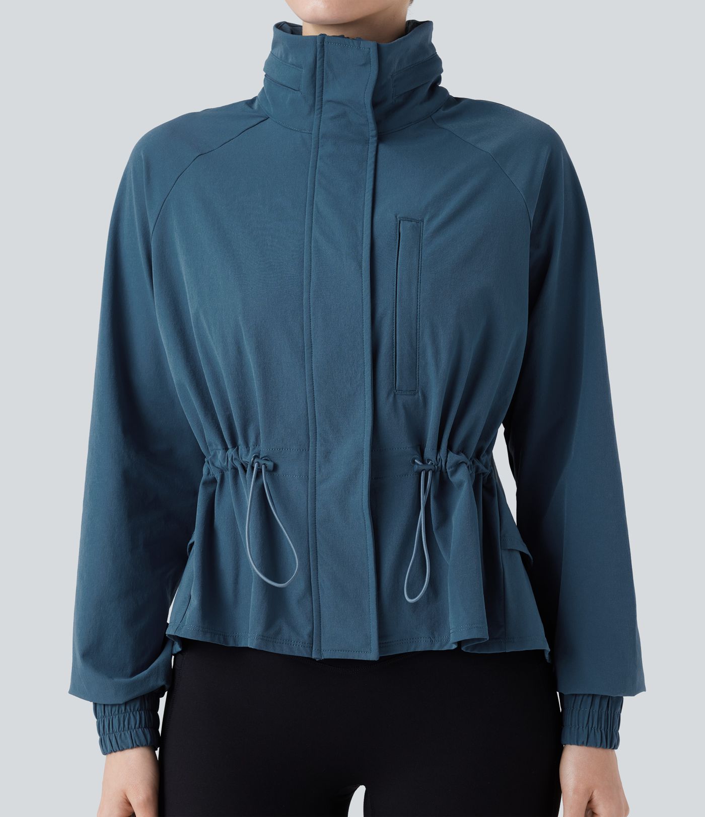 Stowable Hood Drawstring Contrast Mesh Ruffle Hem Workout Jacket with Pocket