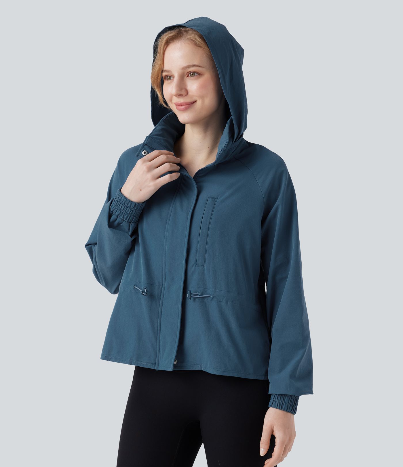 Stowable Hood Drawstring Contrast Mesh Ruffle Hem Workout Jacket with Pocket