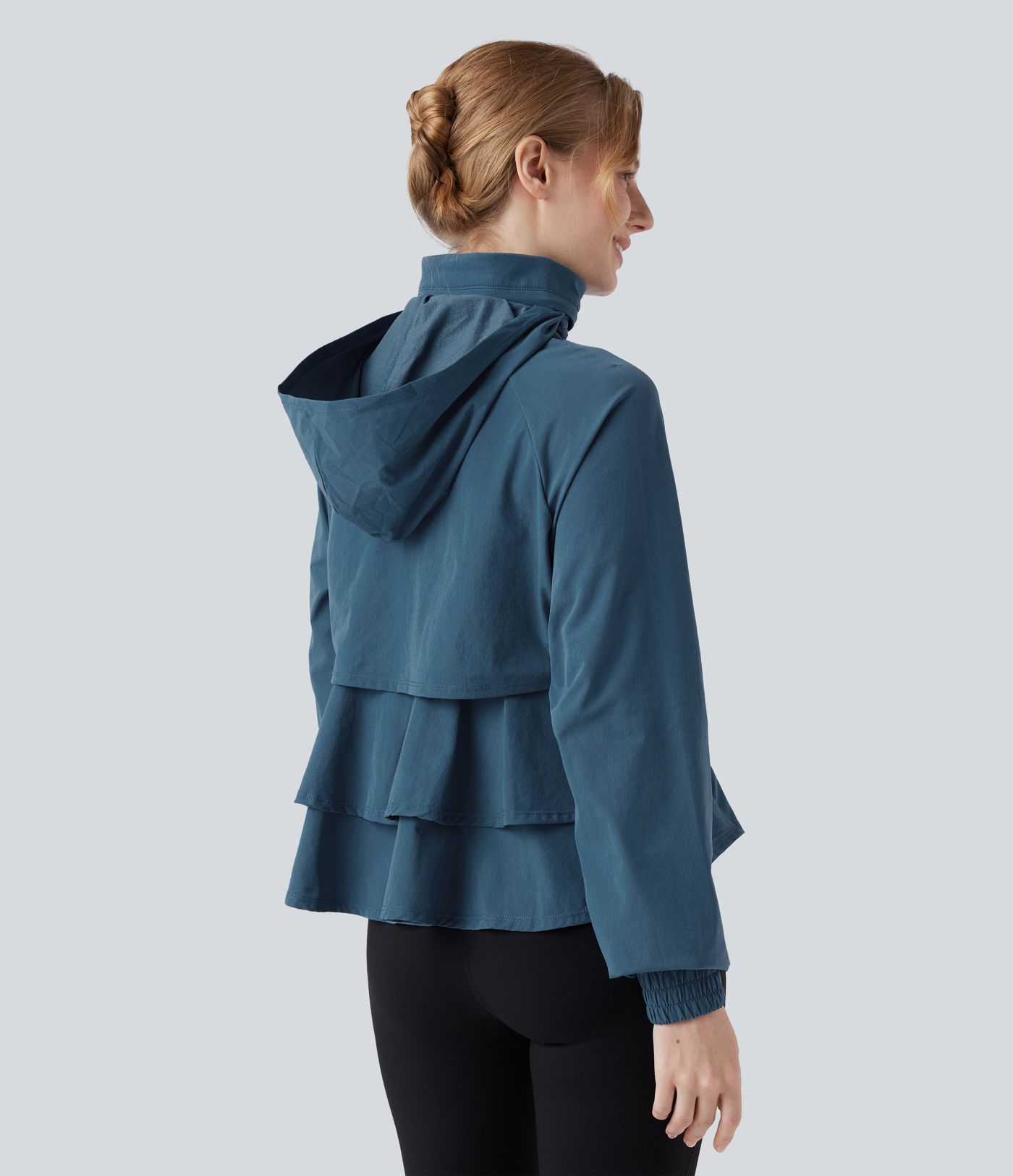 Stowable Hood Drawstring Contrast Mesh Ruffle Hem Workout Jacket with Pocket