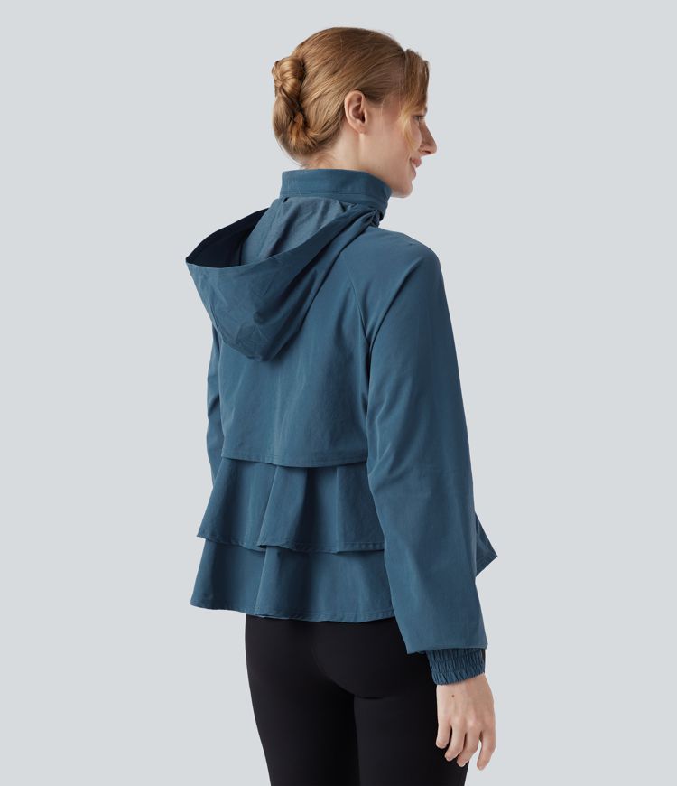 Stowable Hood Drawstring Contrast Mesh Ruffle Hem Workout Jacket with Pocket