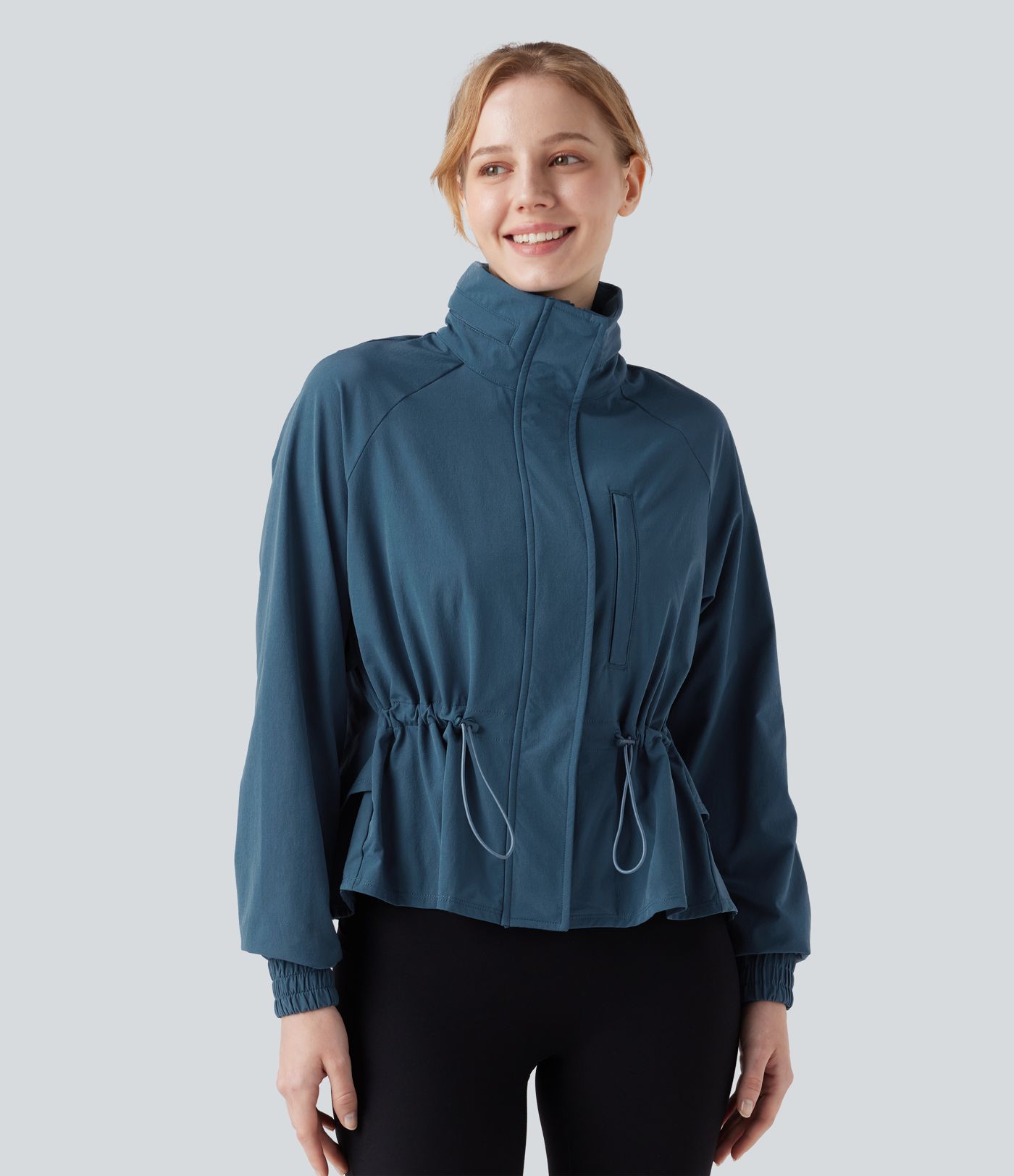 Stowable Hood Drawstring Contrast Mesh Ruffle Hem Workout Jacket with Pocket