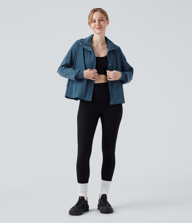 Stowable Hood Drawstring Contrast Mesh Ruffle Hem Workout Jacket with Pocket