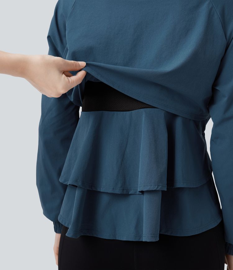 Stowable Hood Drawstring Contrast Mesh Ruffle Hem Workout Jacket with Pocket