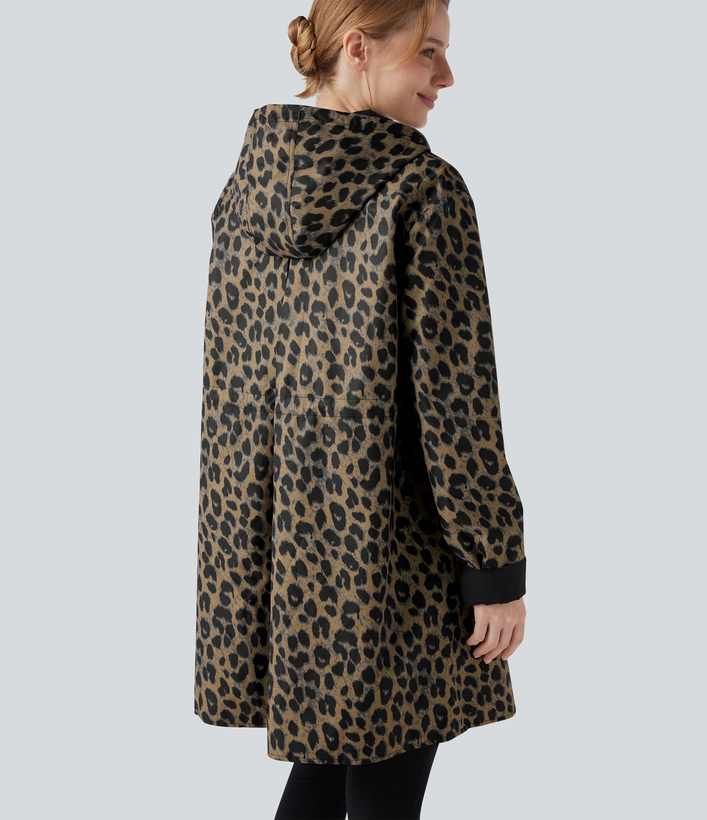 Veste de randonnée longue réversible à capuche, manches longues et imprimé léopard avec poches (deux looks en un)