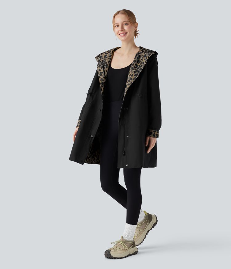 Veste de randonnée longue réversible à capuche, manches longues et imprimé léopard avec poches (deux looks en un)
