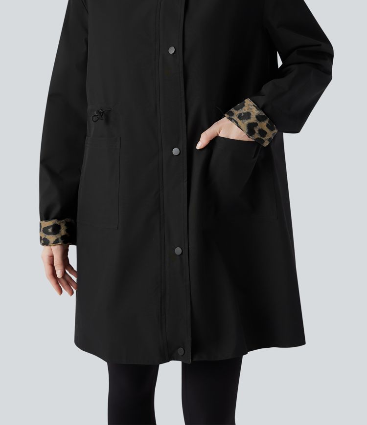 Veste de randonnée longue réversible à capuche, manches longues et imprimé léopard avec poches (deux looks en un)