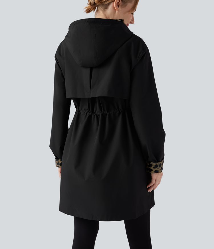 Veste de randonnée longue réversible à capuche, manches longues et imprimé léopard avec poches (deux looks en un)