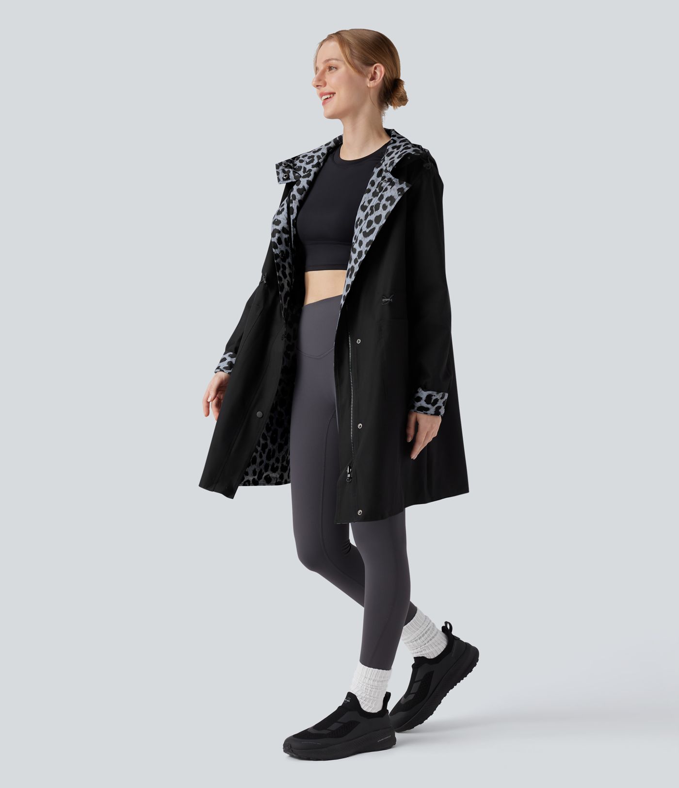 Reversible Hooded Long Sleeve Leopard Print Longline Hiking Jacket with Pockets (Two Looks in One)