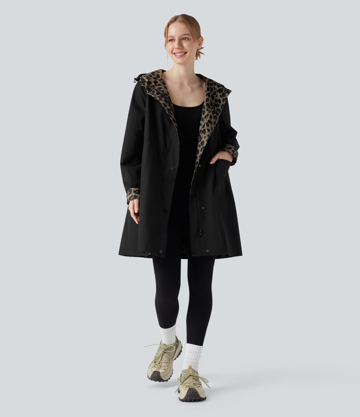 Veste de randonnée longue réversible à capuche, manches longues et imprimé léopard avec poches (deux looks en un)