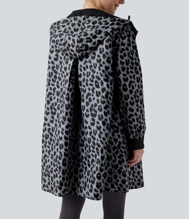 Reversible Hooded Long Sleeve Leopard Print Longline Hiking Jacket with Pockets (Two Looks in One)