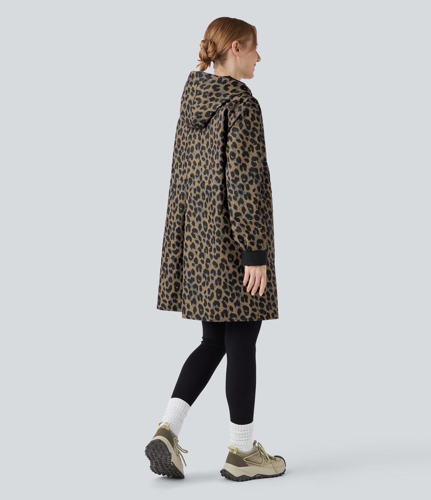 Veste de randonnée longue réversible à capuche, manches longues et imprimé léopard avec poches (deux looks en un)