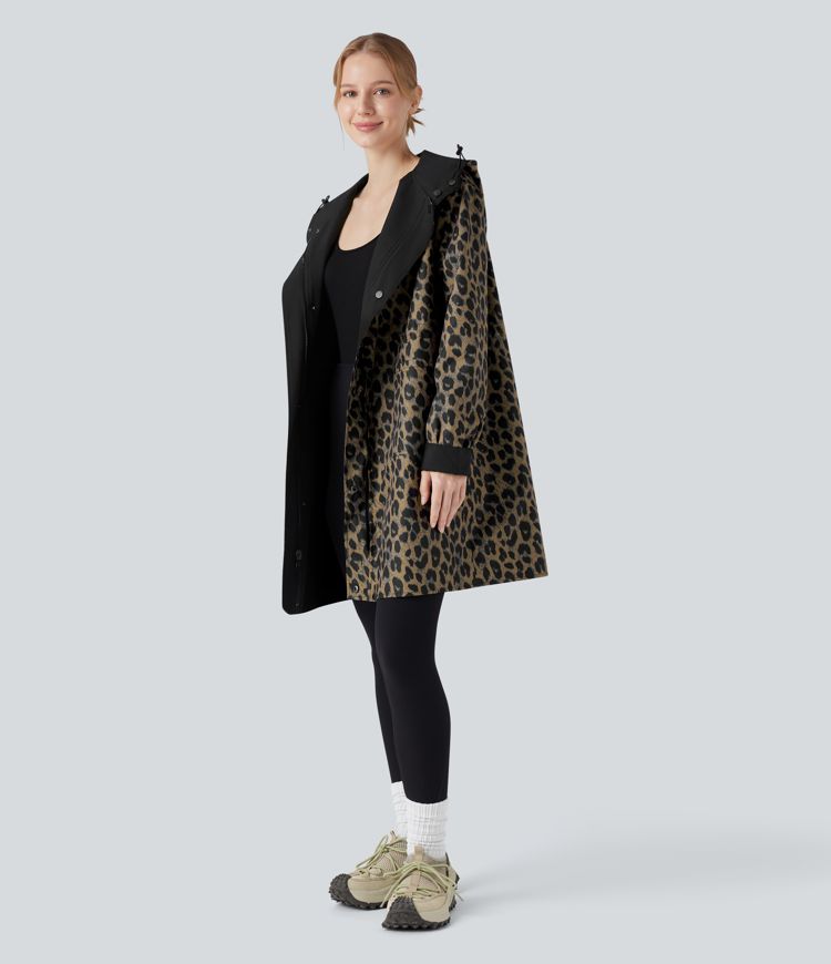 Veste de randonnée longue réversible à capuche, manches longues et imprimé léopard avec poches (deux looks en un)