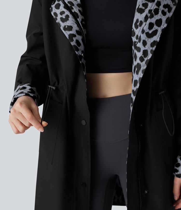 Reversible Hooded Long Sleeve Leopard Print Longline Hiking Jacket with Pockets (Two Looks in One)
