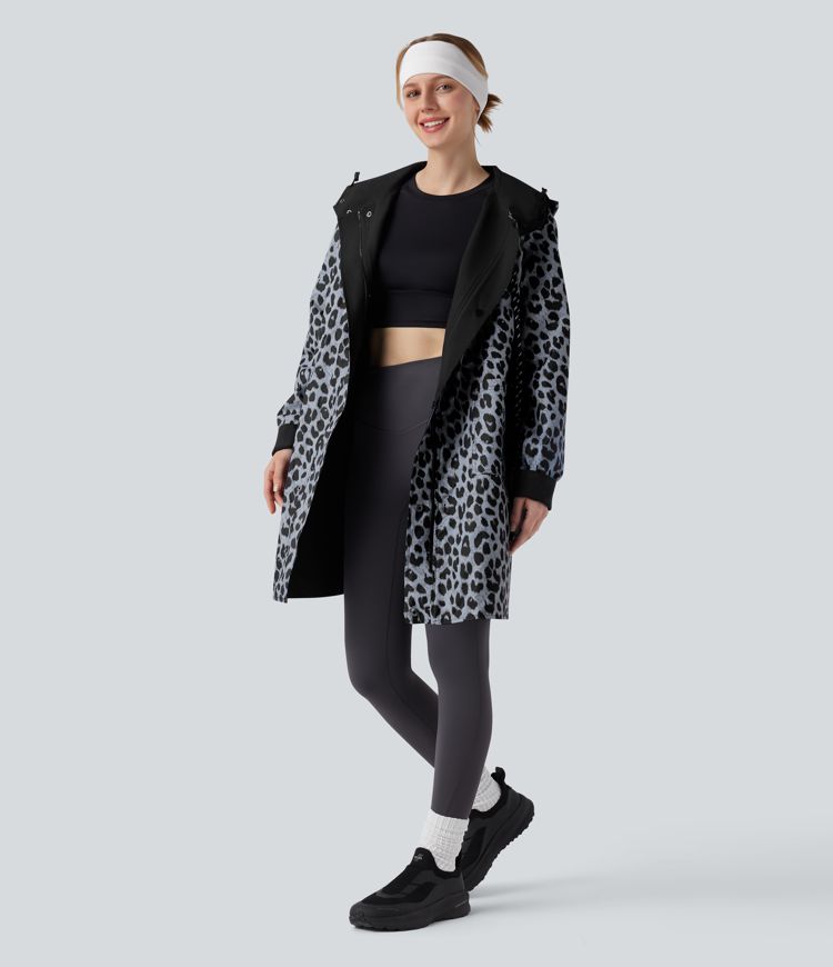 Reversible Hooded Long Sleeve Leopard Print Longline Hiking Jacket with Pockets (Two Looks in One)
