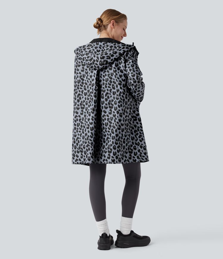 Reversible Hooded Long Sleeve Leopard Print Longline Hiking Jacket with Pockets (Two Looks in One)