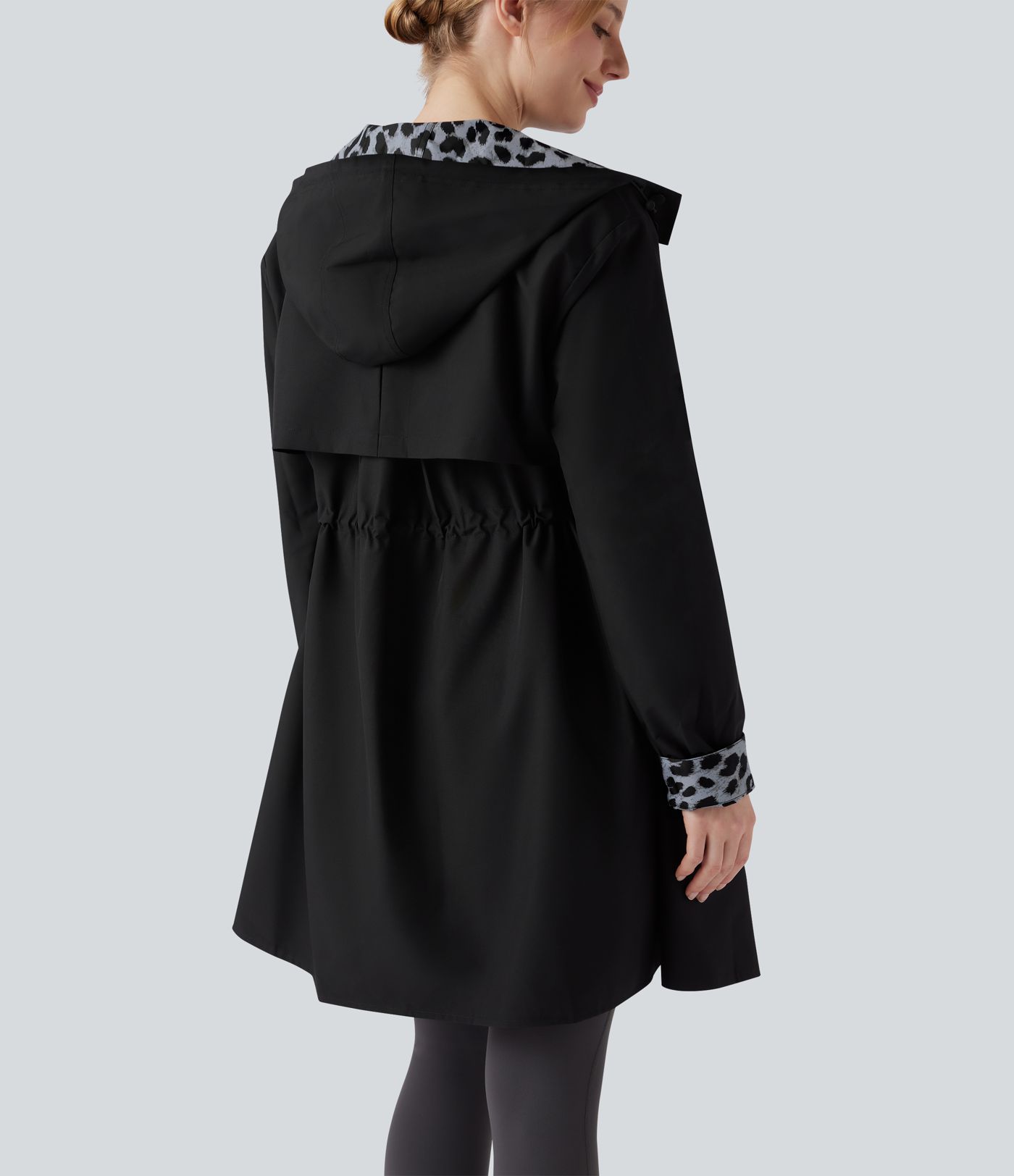 Reversible Hooded Long Sleeve Leopard Print Longline Hiking Jacket with Pockets (Two Looks in One)