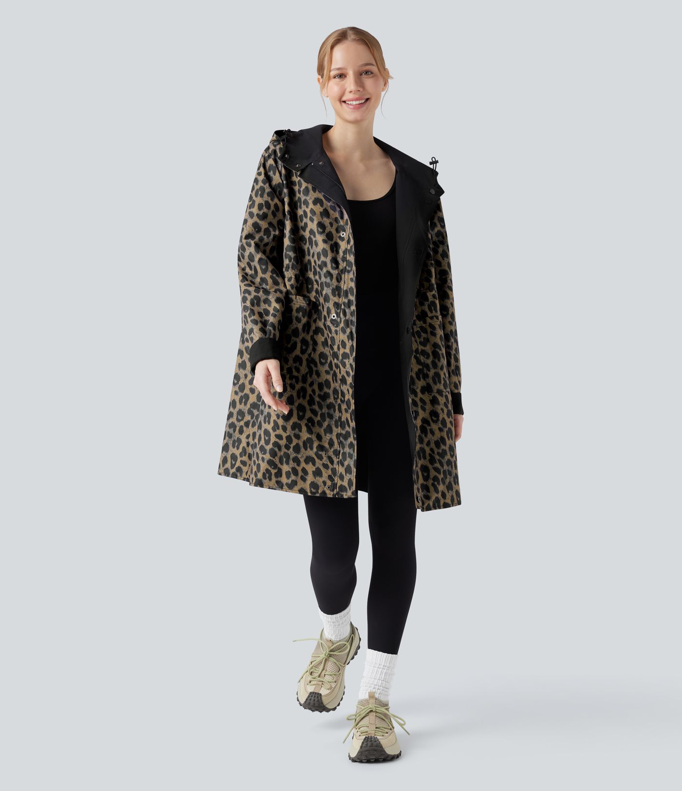 Veste de randonnée longue réversible à capuche, manches longues et imprimé léopard avec poches (deux looks en un)