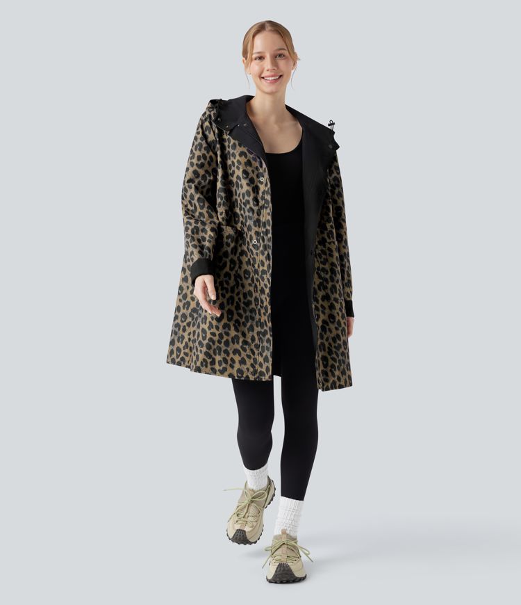 Veste de randonnée longue réversible à capuche, manches longues et imprimé léopard avec poches (deux looks en un)