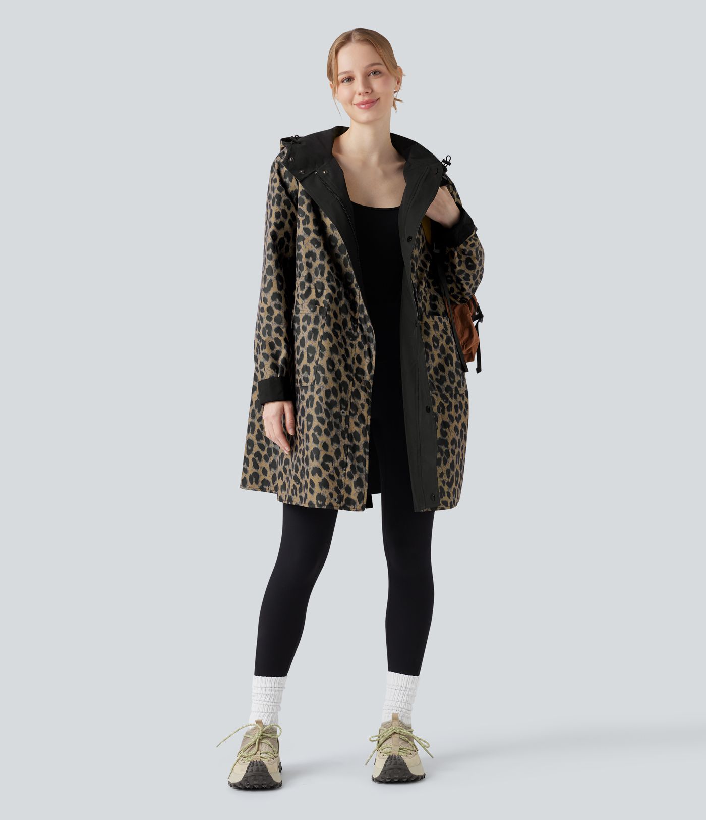 Veste de randonnée longue réversible à capuche, manches longues et imprimé léopard avec poches (deux looks en un)