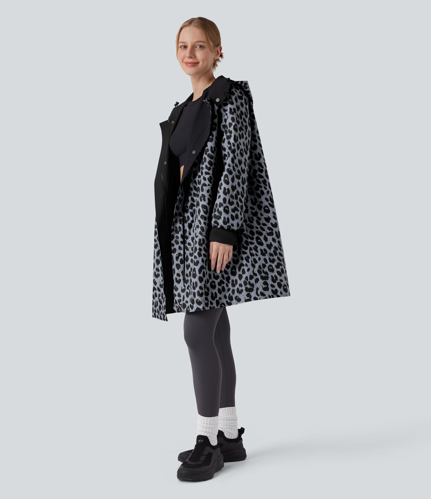 Reversible Hooded Long Sleeve Leopard Print Longline Hiking Jacket with Pockets (Two Looks in One)