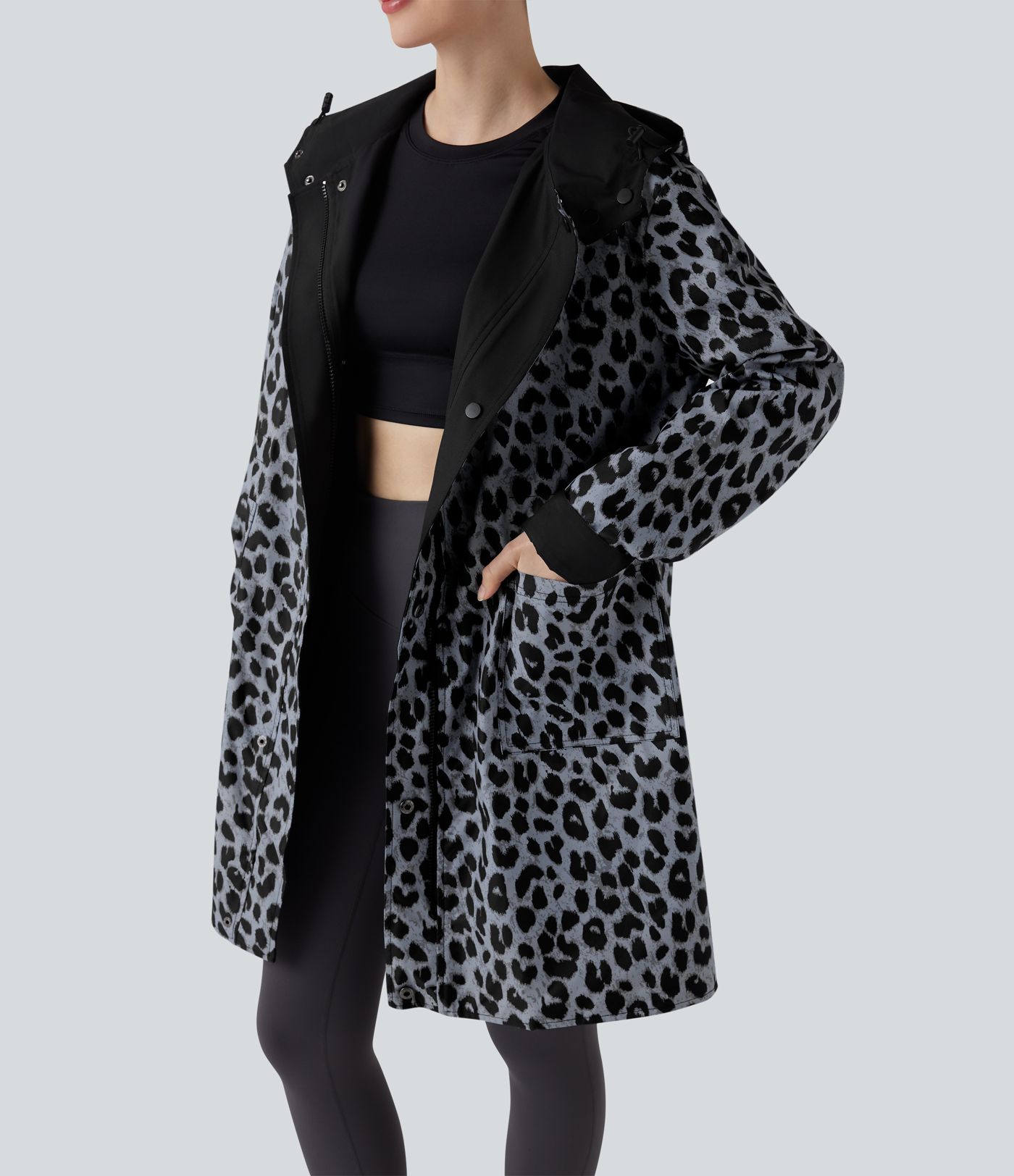 Reversible Hooded Long Sleeve Leopard Print Longline Hiking Jacket with Pockets (Two Looks in One)
