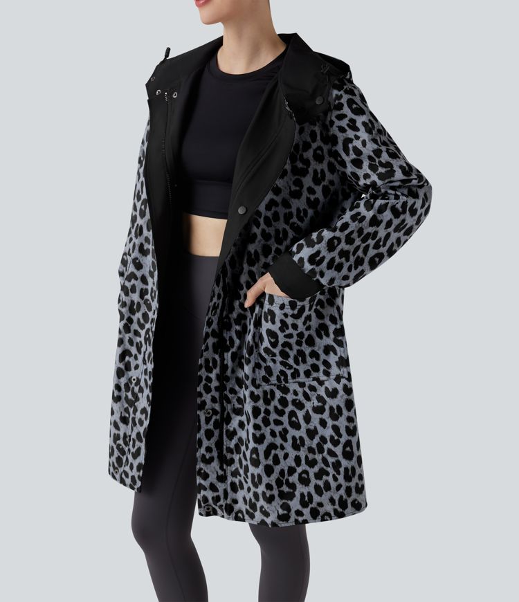 Reversible Hooded Long Sleeve Leopard Print Longline Hiking Jacket with Pockets (Two Looks in One)