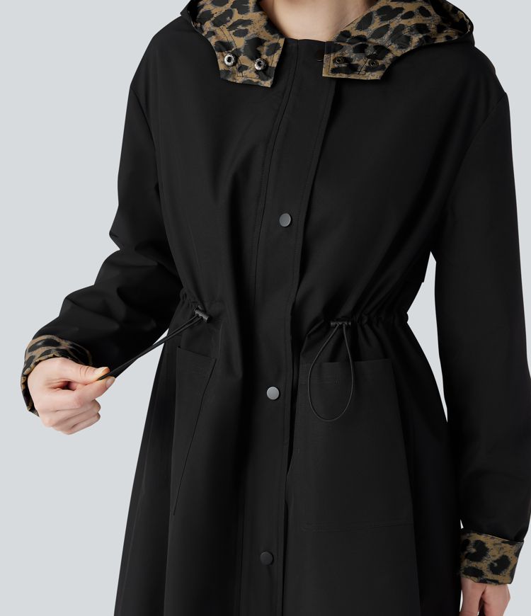 Veste de randonnée longue réversible à capuche, manches longues et imprimé léopard avec poches (deux looks en un)