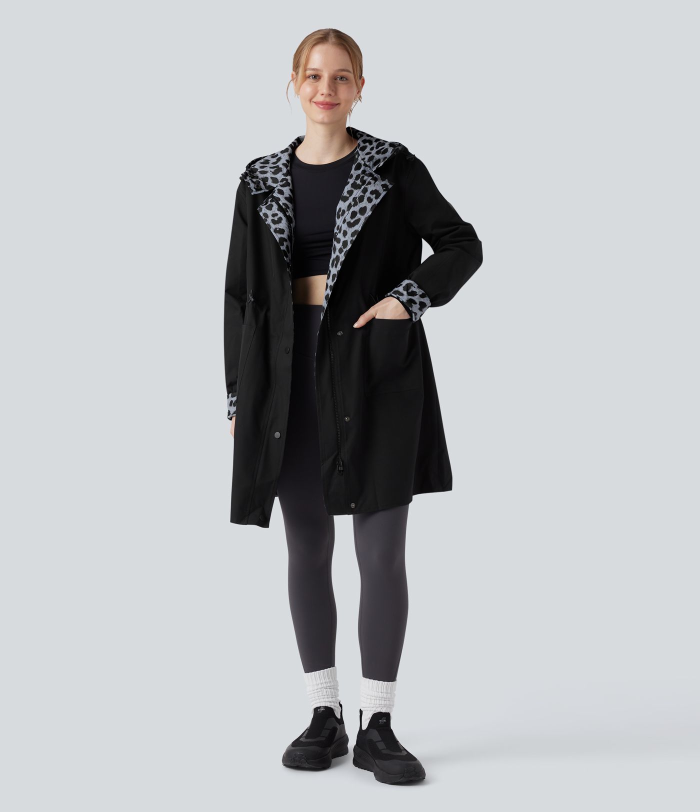 Reversible Hooded Long Sleeve Leopard Print Longline Hiking Jacket with Pockets (Two Looks in One)