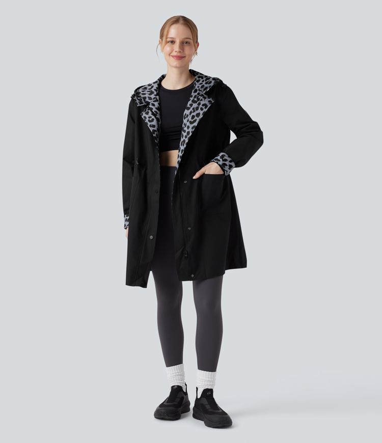Reversible Hooded Long Sleeve Leopard Print Longline Hiking Jacket with Pockets (Two Looks in One)